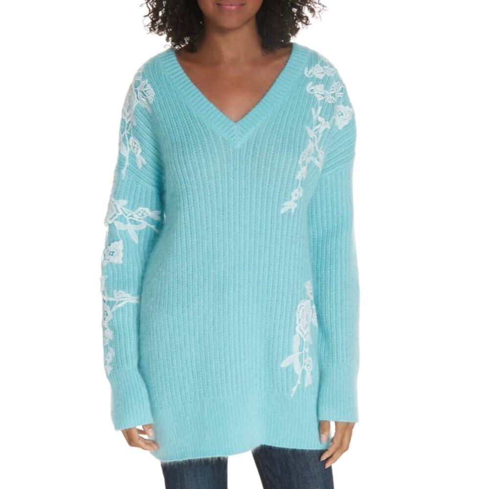 Lewit Silk Wool Mohair Lace Applique Tunic Sweater Teal Blue Size 1 (Large) NEW
